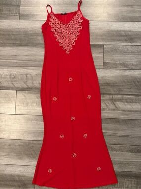 Red Floral-Appliqué Maxi Slip Dress